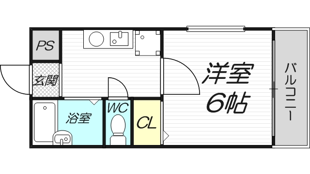 プルグランドⅡ401号室の１K６帖の間取り図